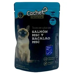 Aliment humide pour chat, Saumon et Cabillaud MSC en sauce, Cachet, 85g