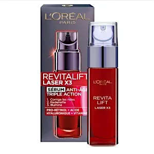 Sérum visage anti-âge triple action à l'acide hyaluronique, vitamine C et pro-rétinol, Corrige les rides, redensifie et illumine, Revitalift Laser X3, L’Oréal, 30 ml.