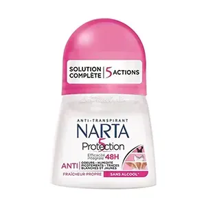 Déodorant à bille pour femme, Anti-traces blanches, jaunes, odeurs, humidité et picotements, 5 Protections 48H, Sans alcool, Narta, 50ml