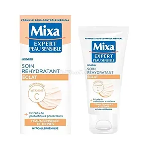 Soin réhydratant visage éclat pour peaux sensibles et ternes, A la vitamine C + ET extraits de probiotique protecteur, Hypoallergénique, Expert peau sensible, Mixa, 50 ml