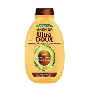 Shampoing nutrition profonde pour cheveux sec bouclés à crépus à pure l'huile d'avocat et beurre de karité, Sans silicone, Ultra Doux, Garnier, 300ml