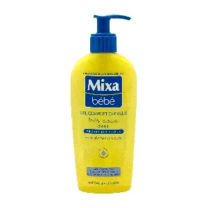 Gel corps et cheveux pour bébés et adultes à l'huile d'amande douce, 2 en 1, Hypoallergénique, ne pique pas les yeux, Très doux, Mixa, 250 ml