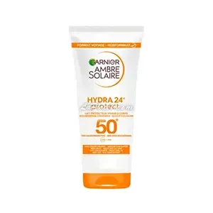 Lait protecteur solaire pour visage et corps, Hydra 24h protect, FPS50+, Ambre solaire, Garnier