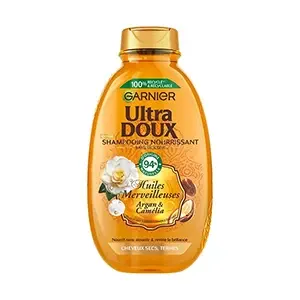 Shampooing nourrissant pour cheveux secs et ternes à l'huiles merveilleuses, argan et camélia, Sans silicone, 97% d'origine naturelle, Ultra Doux, Garnier, 250ml
