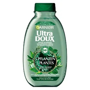 Shampoing détox pour tous types de cheveux au thé vert, verveine, ortie, citron et aloe vera, Clarifie et hydrate les cheveux, Sans silicone, Ultra doux, Garnier, 300 ml.