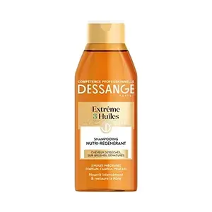 Shampoing nutri-régénérant aux trois huiles précieuses  pour cheveux desséchés sur-brushés et dénaturés, Dessange, 250ML
