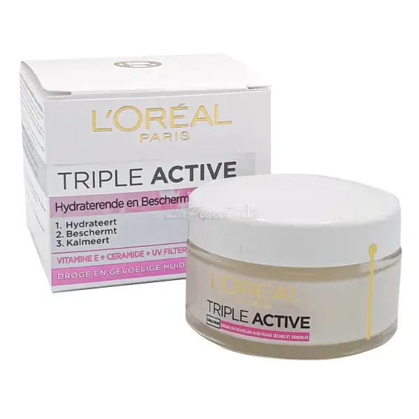Crème de jour hydratante multi fonction pour peaux sèches et sensibles, Triple action, L'Oréal