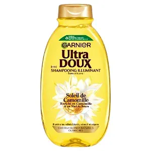 Shampoing illuminant pour cheveux blonds naturels ou méchés au camomille et miel de fleurs, Sans silicone, Soleil de Camomille, Ultra Doux, Garnier, 300ml