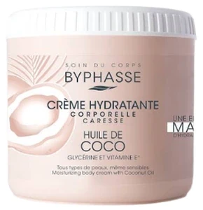 Crème hydratante corporelle pour tous types de peaux même sensibles, Huile de coco, Glycérine et vitamine E, Caresse, Byphasse, 500ml