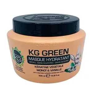 Masque professionnel hydratant KG Green pour cheveaux longs abimés à la keratine végétale monoi et vanille, Sans sulfates, Sans silicone, Keragold, 500ml