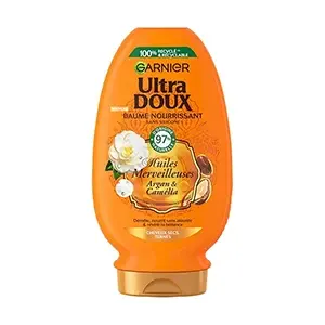 Baume nourrissant pour cheveux secs et ternes à l'huiles merveilleuses, argan et camélia, Sans silicone, 97% d'origine naturelle, Ultra Doux, Garnier, 200ml