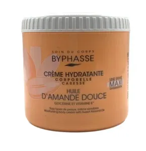 Crème hydratante corporelle pour tous types de peaux même sensibles, Huile d'amande douce, glycérine et vitamine E, Caresse, Byphasse, 500ml
