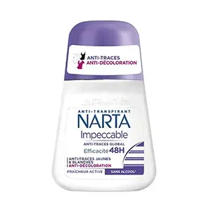 Déodorant à bille pour femme, Anti-transpirant, anti-traces blanches et jaunes, Anti-décoloration, 48h, Sans alcool, Impeccable, Narta, 50ml