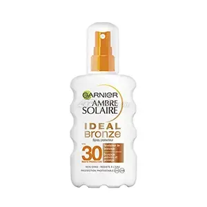 Protecteur solaire en spray bronzage pour peaux claires, Ideal bronze, FPS30, Ambre solaire, Garnier